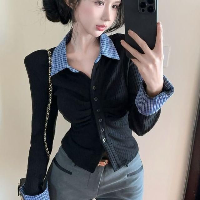 Magma-Long Sleeve Collared Plaid Panel Ruched Button Top