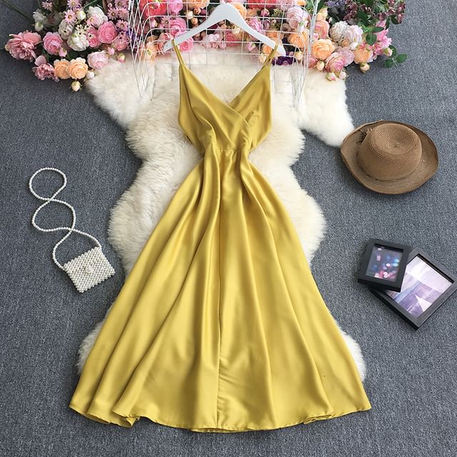 Fioridi-Spaghetti Strap V-Neck Plain Maxi A-Line Dress