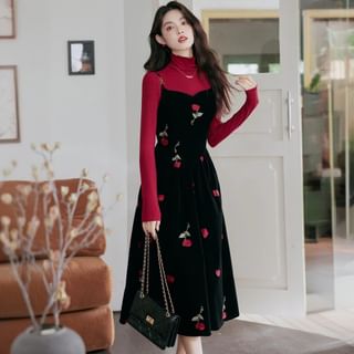 Whisperwind Set: Long-Sleeve Mock Neck Plain Knit Top + Spaghetti Strap Floral Embroidery Maxi A-Line Dress Sale