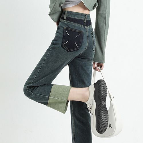 High Waist Color Block Straight Leg Jeans