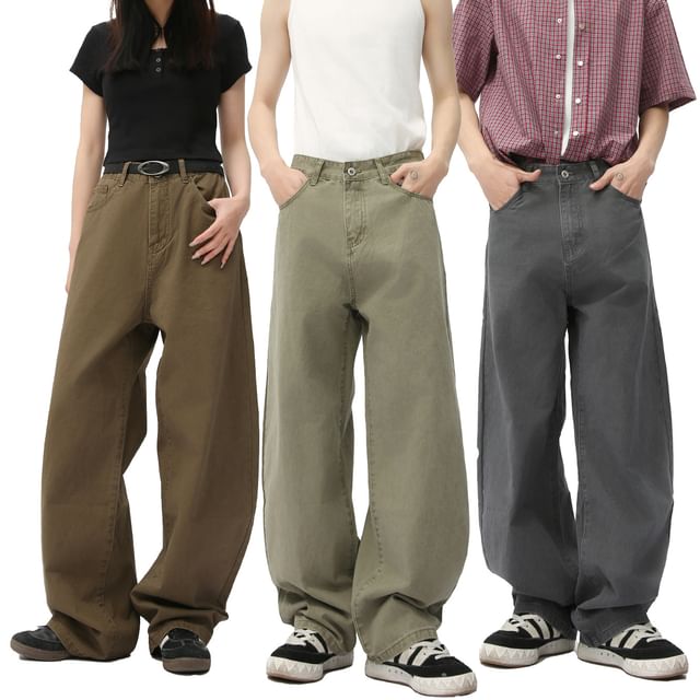 FAERIS-Mid Rise Plain Washed Wide Leg Pants