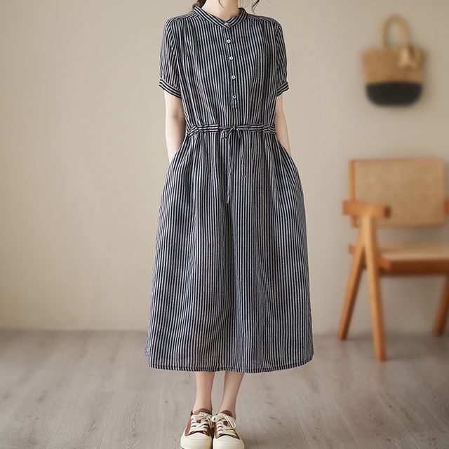 Lewwe-Short-Sleeve Stand Collar Striped Drawstring Waist Half-Buttoned Midi Tunic Dress