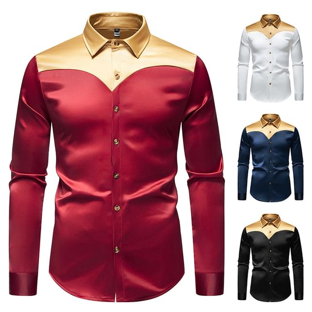 FORSETI-Long Sleeve Lapel Collared Two Tone Glitter Button Up Shirt