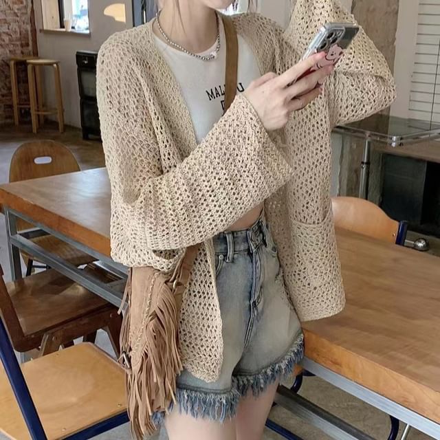 Happo-Plain Perforated Open Front Cardigan