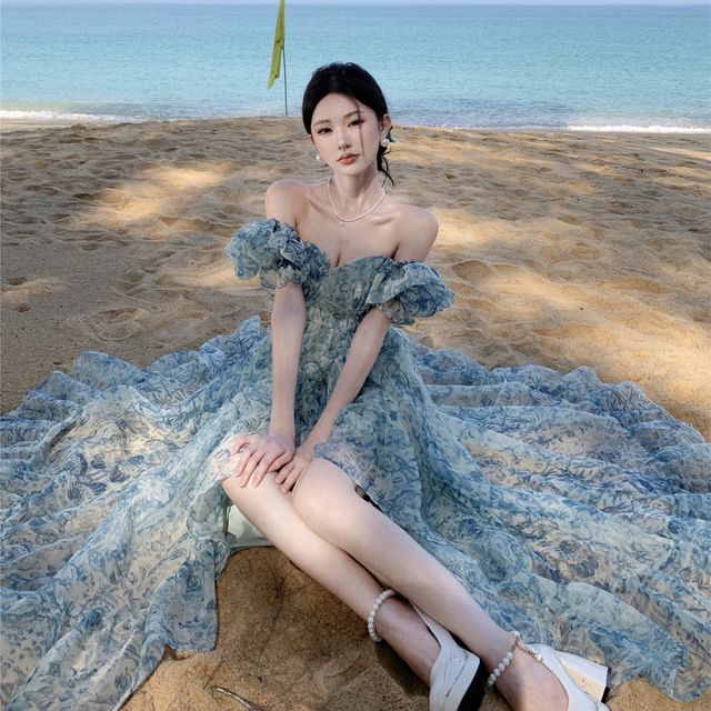 LeSorene - Puff-Sleeve Off-Shoulder Floral Side-Slit Maxi A-Line Dress |  YesStyle