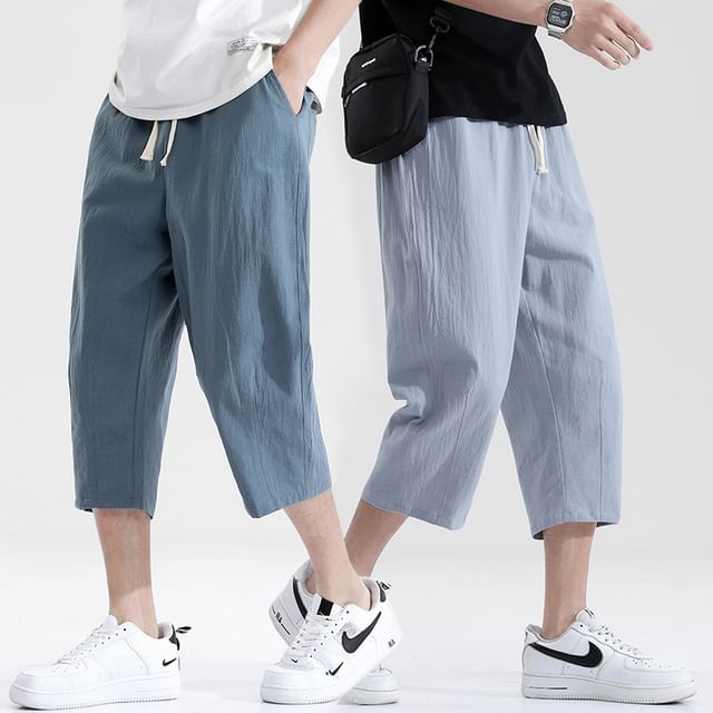YIKES-Drawstring Waist Plain Capri Straight Leg Pants