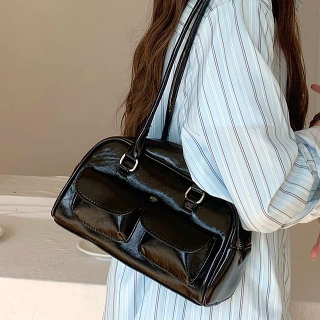 Indenis-Faux Leather Plain Zip Shoulder Bag