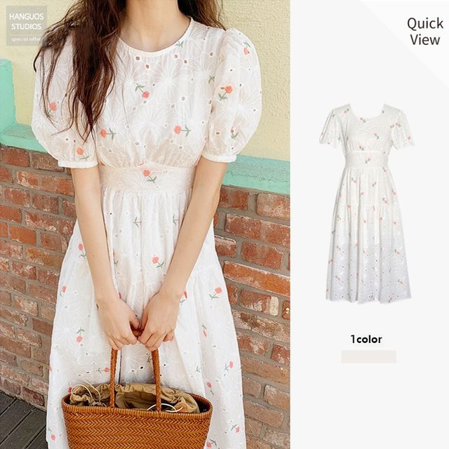 Secolo - Short-Sleeve Crew Neck Floral Embroidered Midi A-Line Dress |  YesStyle