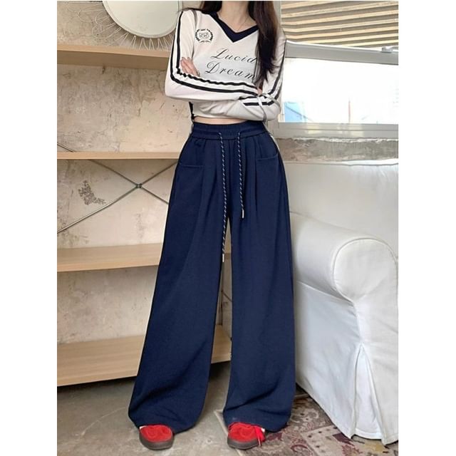 Dovitade-Drawstring Waist Plain Baggy Sweatpants