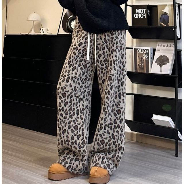 evanesce-Drawstring Waist Leopard Print Baggy Pants