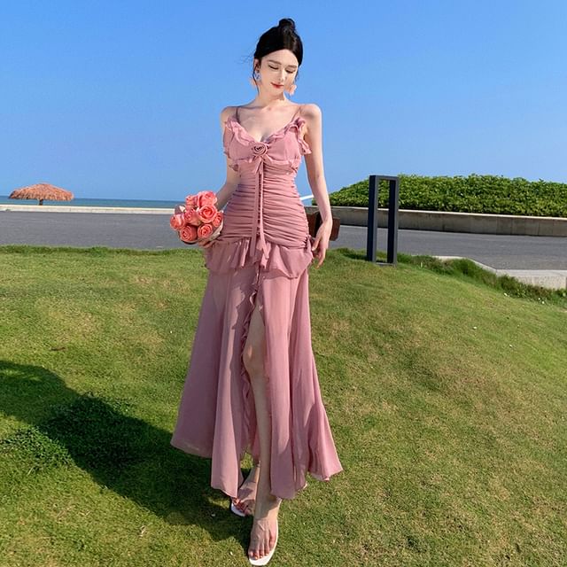 Lydiah - Spaghetti Strap V-Neck Plain Floral Accent Ruffle Trim Ruched Slit  Maxi A-Line Dress | YesStyle