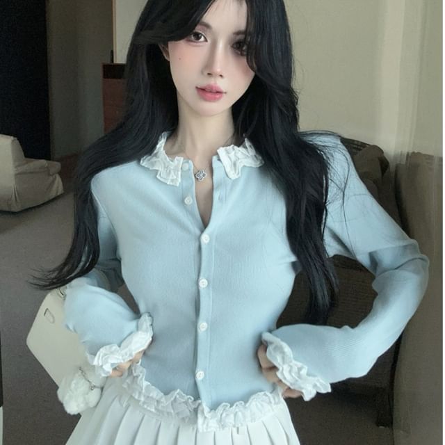 Whoosh-Round Neck Ruffle Panel Cardigan