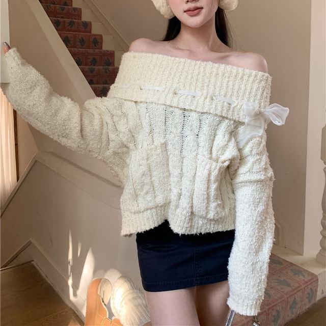 Bloombloom - Off-Shoulder Bow Cable Knit Sweater | YesStyle