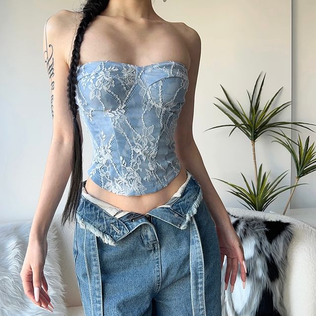 Bababy-Lace Denim Crop Tube Top