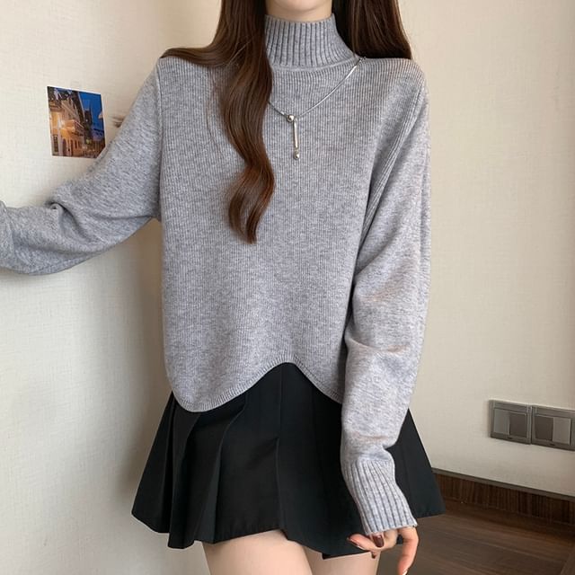 Ukiyo-Mock Neck Plain Asymmetrical Sweater