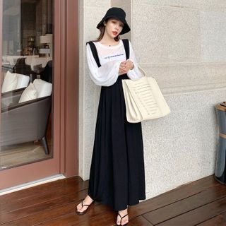 Yuxi - Lettering Long-Sleeve T-Shirt / Maxi A-Line Jumper Skirt