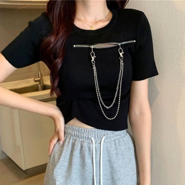 Hevnir-Short-Sleeve Crew Neck Plain Zip Chain T-Shirt