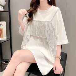 Ageha - Elbow-Sleeve Mock Two-Piece Sequin Mini T-Shirt Dress