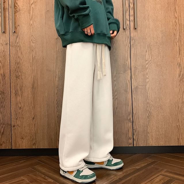 Lingaris-Drawstring Waist Plain Fleece-Lined Straight Leg Sweatpants
