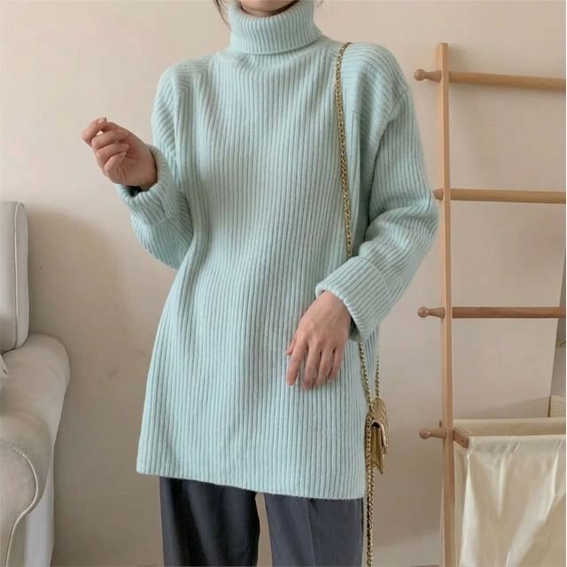 Cossita-Turtleneck Plain Ribbed Sweater