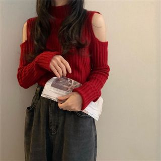 long sleeve cold shoulder mock neck sweater