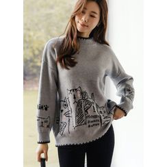 Styleonme - Mock-Neck Cat-Print Sweater