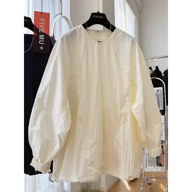 fluffush-Long-Sleeve Crew Neck Plain Zipped Drawstring Hem Shirt