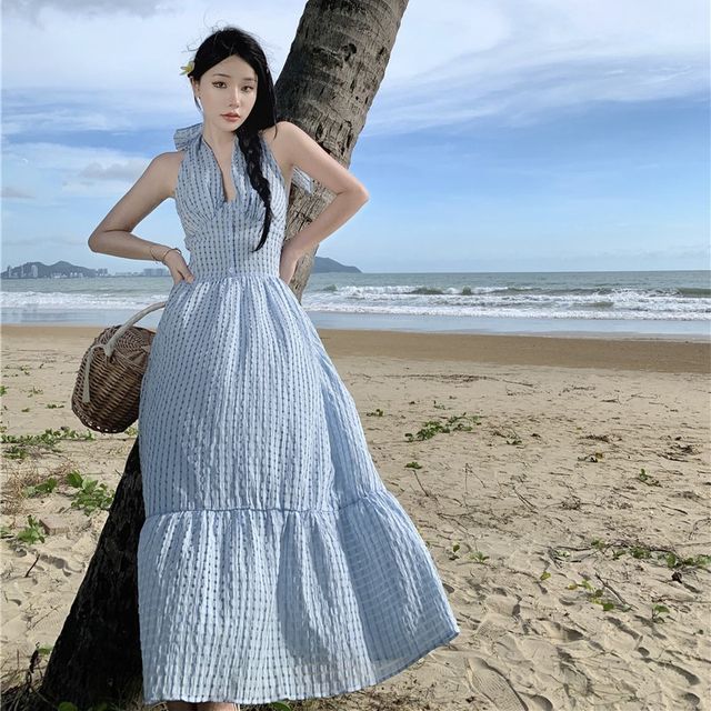 slim fit dress slacks Blue Plaid Textured Halter Dress – Gabi Swimwear main image 0