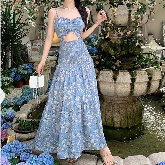 Faiar - Spaghetti Strap Floral Cutout Maxi A-Line Dress | YesStyle