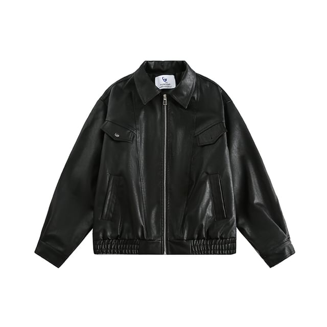 Couple Matching Collared Plain Zip-Up Faux Leather