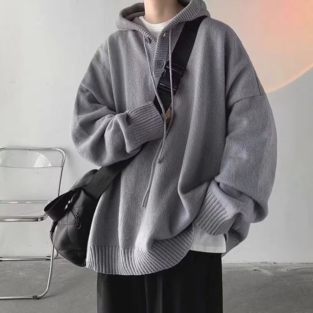 Trimecca-Plain Hood Half Placket Sweater