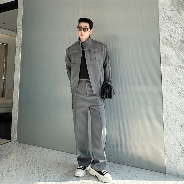 Omozando-Stand Collar Plain Zip Cargo Jacket