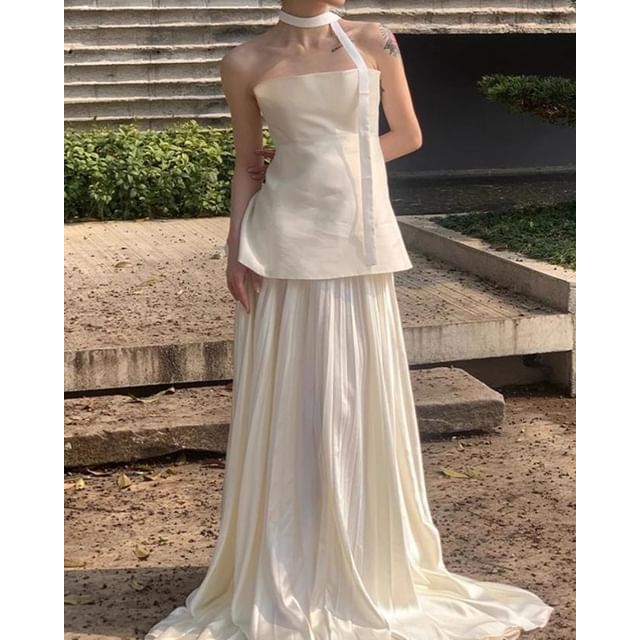 DreesHouse-Set Strapless Plain Pleated Trained A-Line Wedding Gown Skinny Scarf