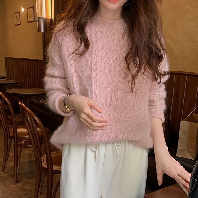 Sienne-Round Neck Plain Cable Knit Sweater