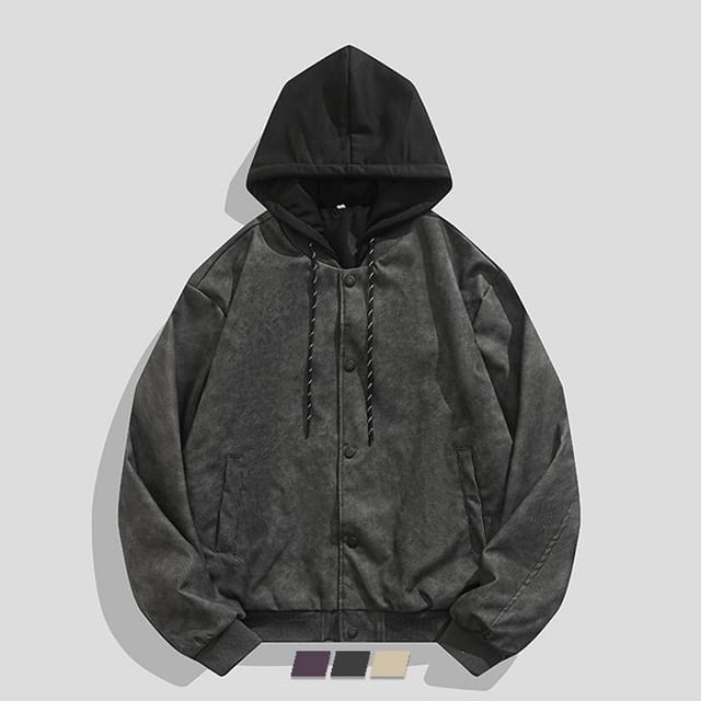 purplelouve-Mock Two-Piece Hooded Zip-Up Jacket
