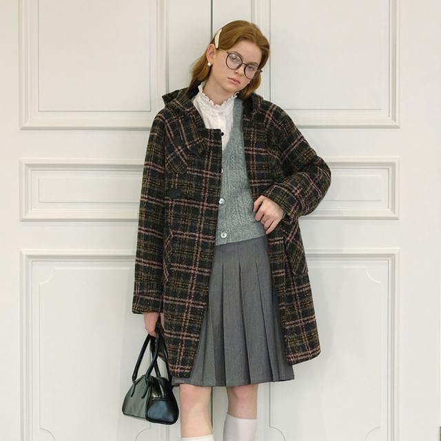 Sincethen Plaid Hooded Long Duffle Coat YesStyle