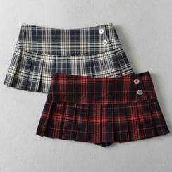 Low Waist Plaid Button Accent Pleated Mini A-Line Skirt
