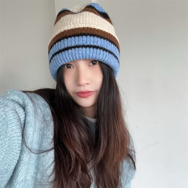 4-4 STUDIO-Striped Ribbed Beanie