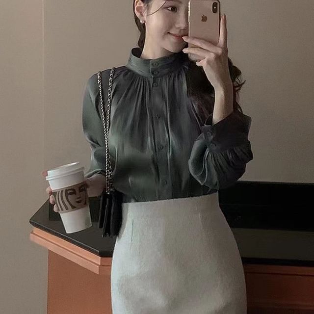 Everose-Long-Sleeve Stand Collar Plain Gathered Blouse