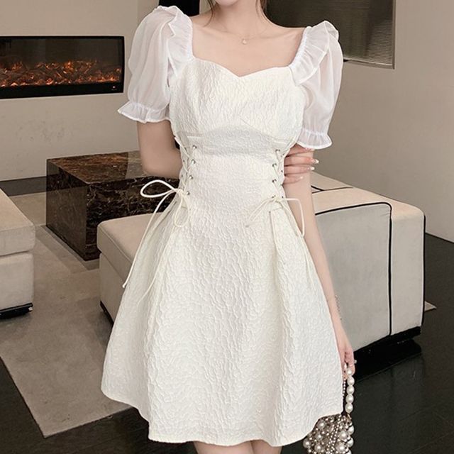 chinese dress ladies Pink Lace Up Back Puff Sleeve Square Neck Mini Dress – PinkBlush