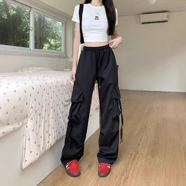 Sienne-High Rise Plain Wide Leg Cargo Pants
