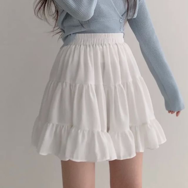 MIKIGA-High Waist Plain Mini A-Line Skirt