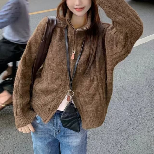 FR-Stand Collar Plain Cable Knit Zip Cardigan