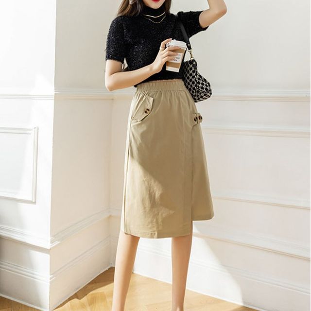 Everose-High Waist Midi A-Line Skirt