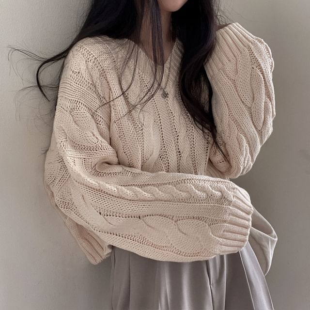 V-Neck Long-Sleeve Plain Cable Knit Sweater