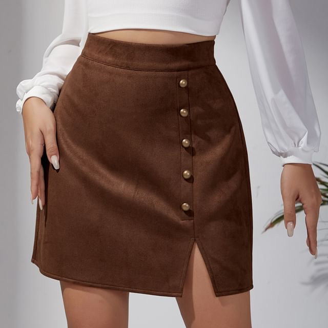 Bolgivy High Waist Button Accent Slit Mini Pencil Skirt YesStyle