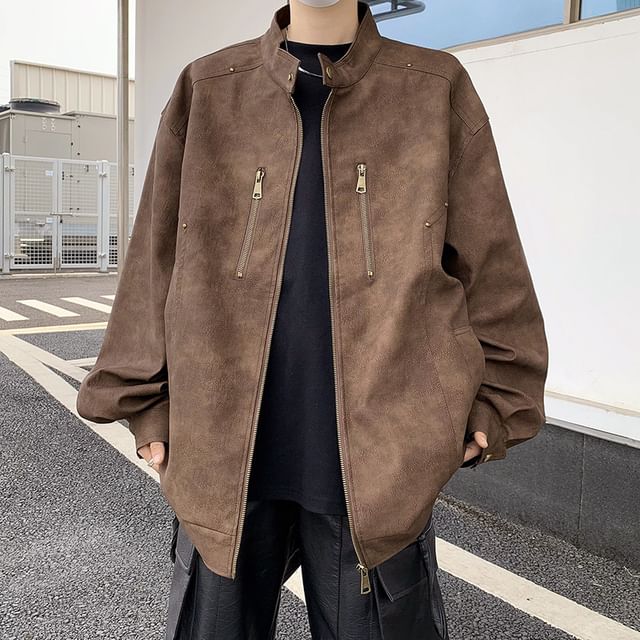 Hushgrain-Faux Leather Stand Collar Zip-Up Jacket