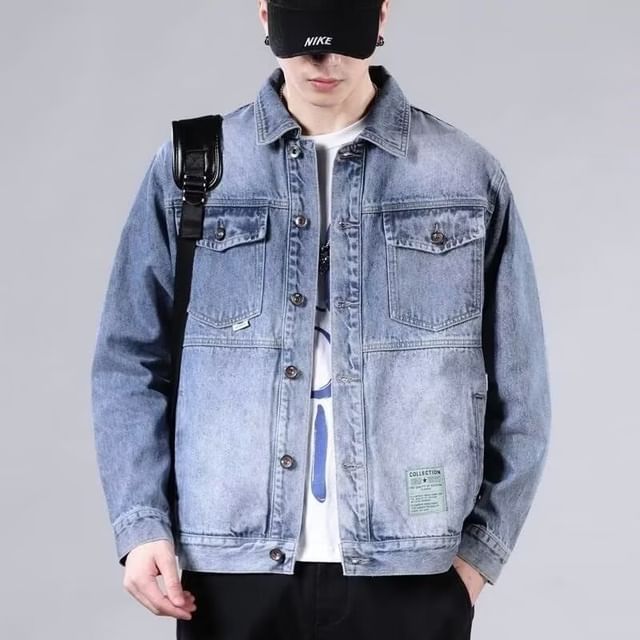 Wescosso-Lapel Collared Washed Denim Button Jacket