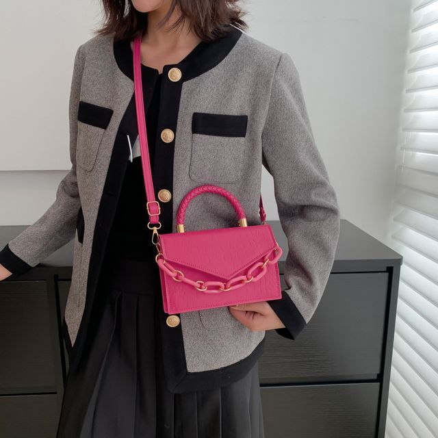 BAGuette Chained Braided Top Handle Croc Grain Faux Leather Crossbody