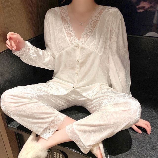 Siensien-Pajama Set Long-Sleeve Lace Top Pants
